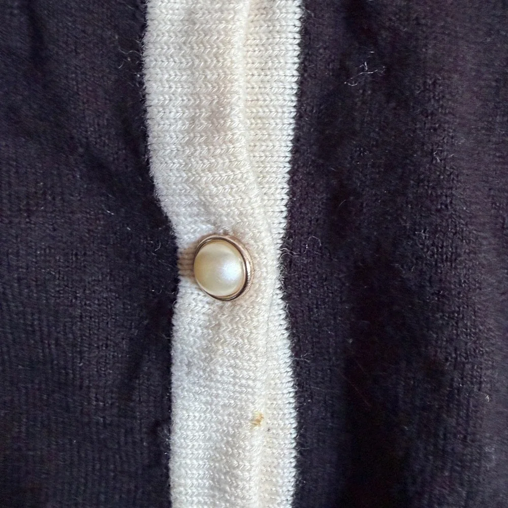 Talbots Womens Black White Bow Accent Cotton Cashmere Cardigan Sweater Size M